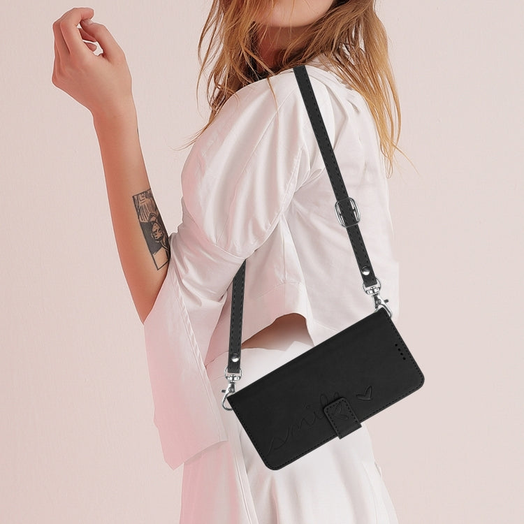 For Motorola Moto G Power 5G 2024 Skin Feel Heart Embossed Leather Phone Case with Long Lanyard(Black) by buy2fix