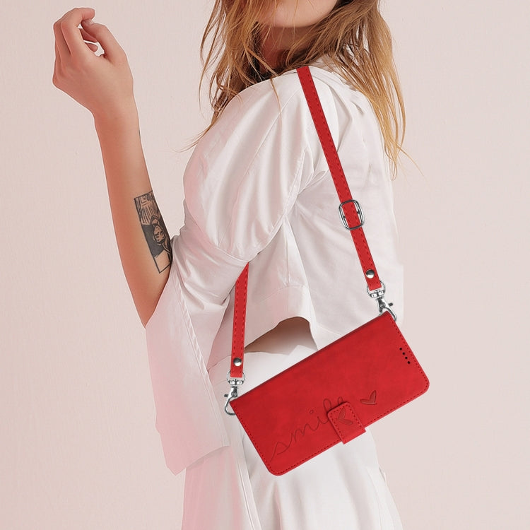 For OPPO A38 / Oppo A18 Skin Feel Heart Embossed Leather Phone Case with Long Lanyard(Red) by buy2fix