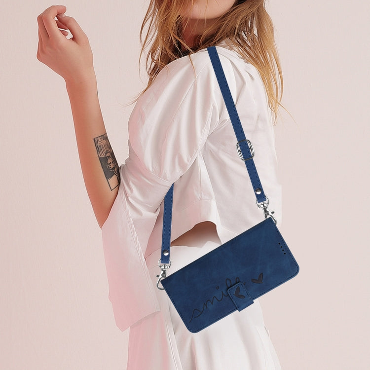 For OPPO Reno11 Pro Global Skin Feel Heart Embossed Leather Phone Case with Long Lanyard(Blue) by buy2fix