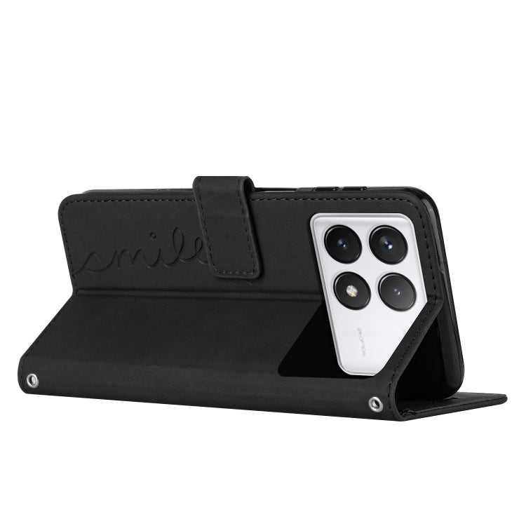For Xiaomi Redmi K70 / K70 Pro Skin Feel Heart Embossed Leather Phone Case with Long Lanyard(Black) - Xiaomi Cases by buy2fix | Online Shopping UK | buy2fix