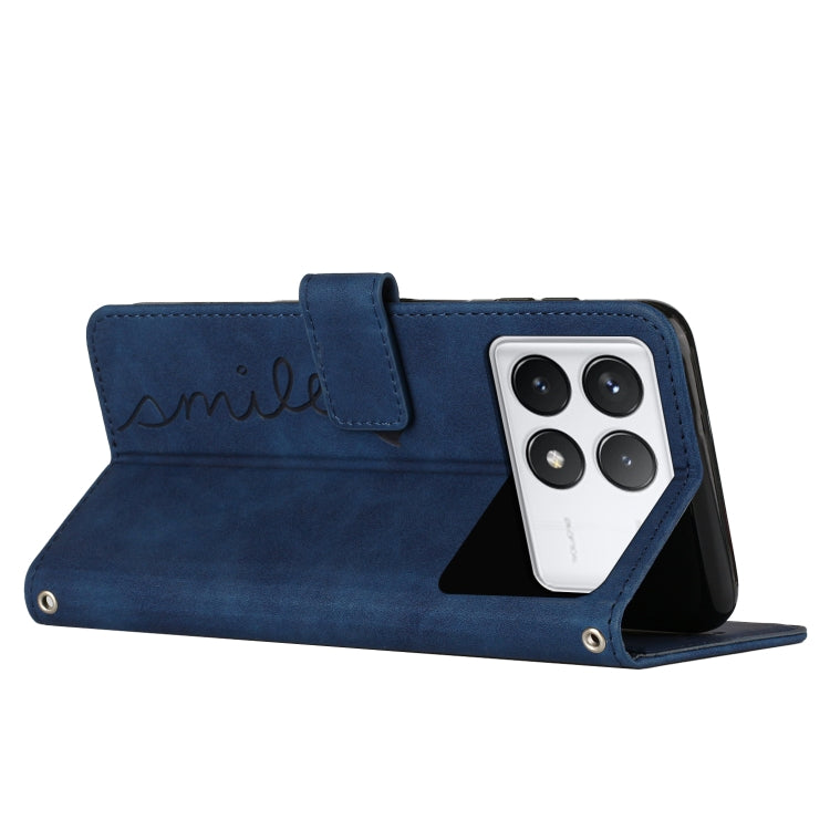 For Xiaomi Redmi K70 / K70 Pro Skin Feel Heart Embossed Leather Phone Case with Long Lanyard(Blue) - Xiaomi Cases by buy2fix | Online Shopping UK | buy2fix