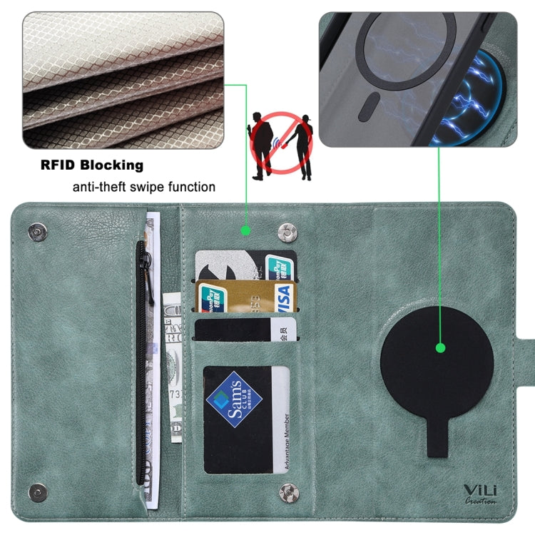 For iPhone 13 ViLi GV Series MagSafe Magnetic Zipper Leather Phone Case(Green) by ViLi