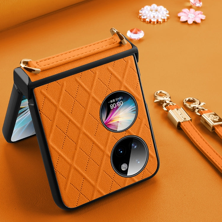For Huawei P50 Pocket SULADA Elegant Rhombic Texture Folding Phone Case with Lanyard(Orange) - Huawei Cases by SULADA | Online Shopping UK | buy2fix