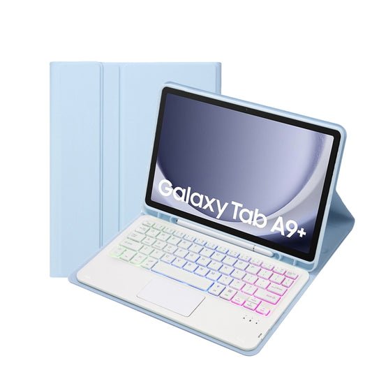 For Samsung Galaxy Tab A9+ X210/X215/X215 A09B-AS Candy Color Touch Backlight Bluetooth Keyboard Leather Tablet Case with Pen Holder(Ice Blue) by buy2fix
