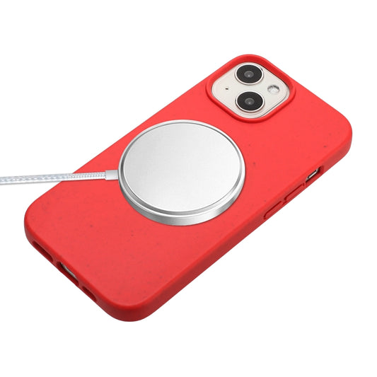 For iPhone 14 Plus Wheat MagSafe Magnetic Straw Material + TPU Phone Case with Lanyard(Red) by buy2fix