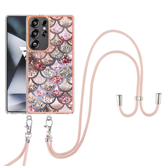 For Samsung Galaxy S25 Ultra 5G Electroplating Pattern IMD TPU Shockproof Case with Neck Lanyard(Pink Scales) by buy2fix