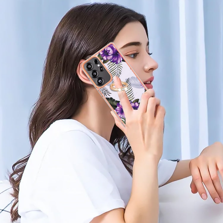 For Samsung Galaxy S25 Ultra 5G Electroplating Pattern IMD TPU Shockproof Case with Rhinestone Ring Holder(Purple Flower) by buy2fix