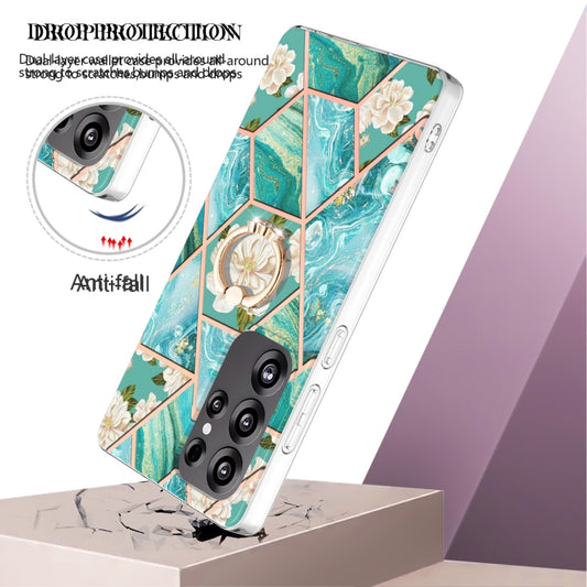 For Samsung Galaxy S25 Ultra 5G Electroplating Splicing Marble Flower Pattern TPU Shockproof Case with Rhinestone Ring Holder(Blue Flower) by buy2fix