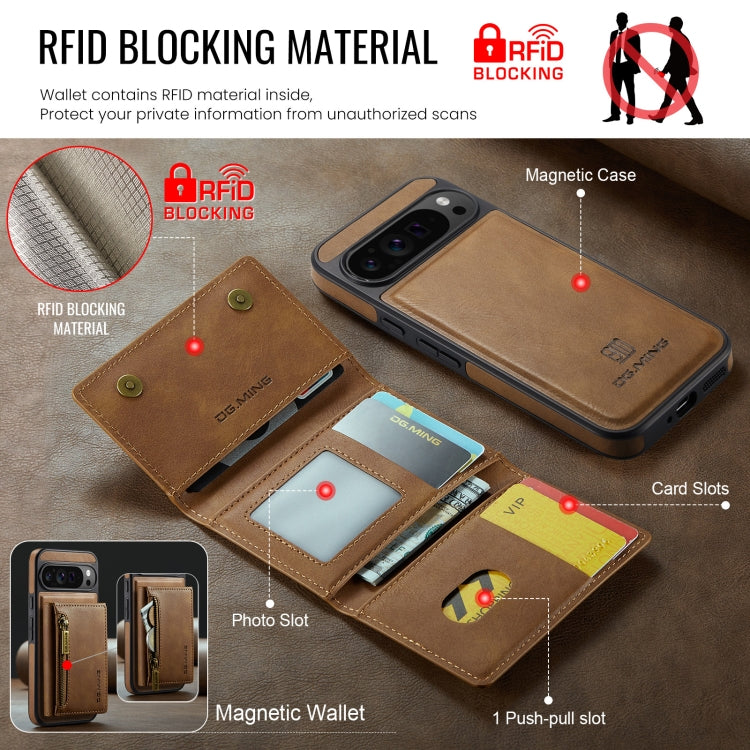 For Google Pixel 9 Pro XL DG.MING M5 Series Zip RFID Multi Card Detachable Leather Phone Case(Brown) - Google Cases by DG.MING | Online Shopping UK | buy2fix