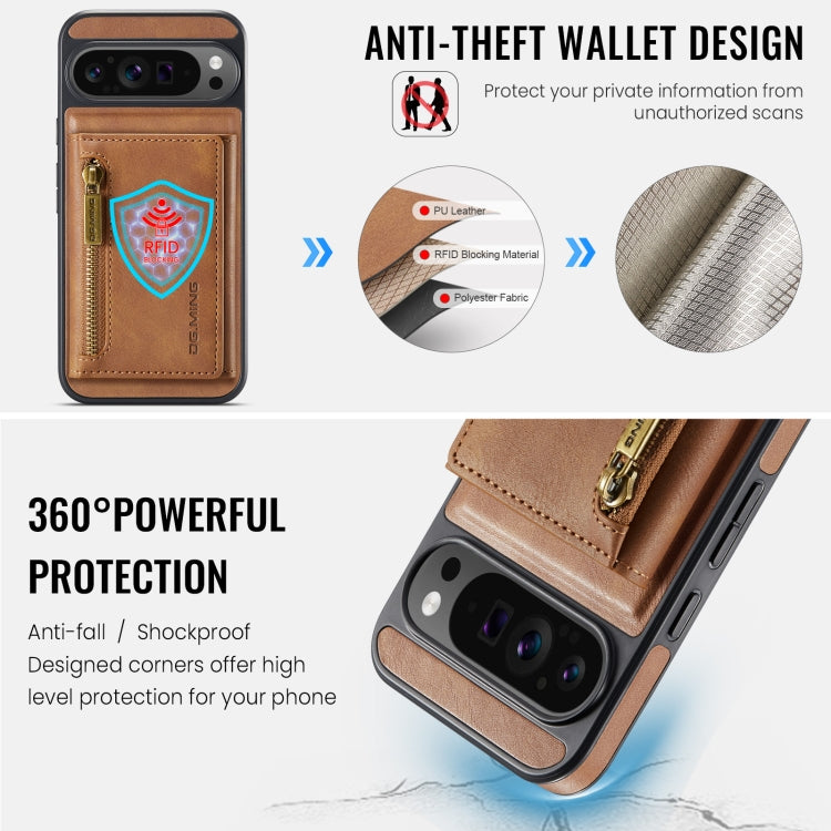 For Google Pixel 9 Pro XL DG.MING M5 Series Zip RFID Multi Card Detachable Leather Phone Case(Brown) - Google Cases by DG.MING | Online Shopping UK | buy2fix