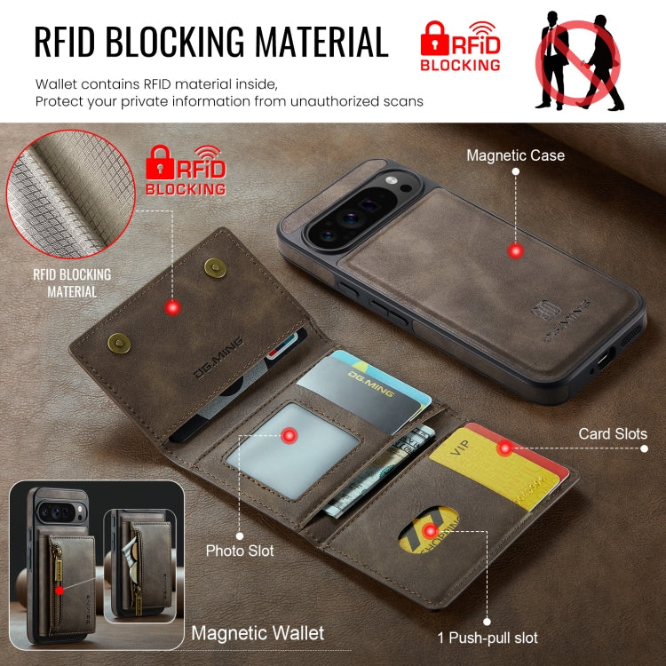 For Google Pixel 9 Pro XL DG.MING M5 Series Zip RFID Multi Card Detachable Leather Phone Case(Coffee) - Google Cases by DG.MING | Online Shopping UK | buy2fix