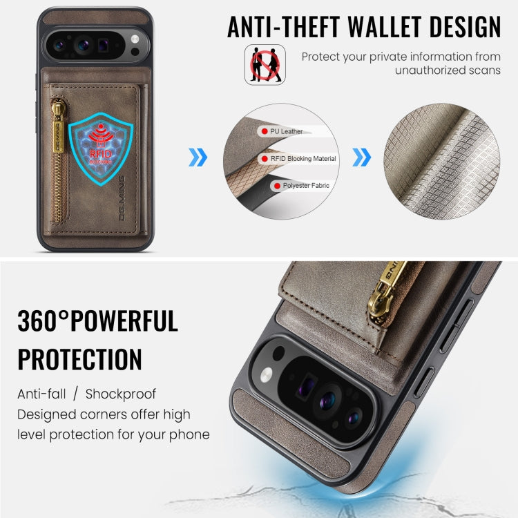 For Google Pixel 9 Pro XL DG.MING M5 Series Zip RFID Multi Card Detachable Leather Phone Case(Coffee) - Google Cases by DG.MING | Online Shopping UK | buy2fix