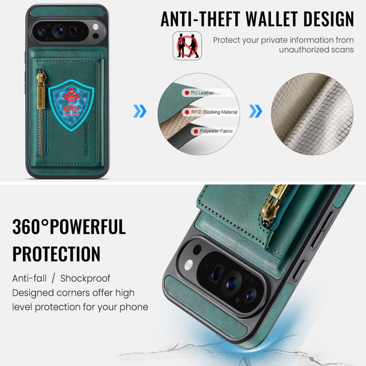 For Google Pixel 9 Pro XL DG.MING M5 Series Zip RFID Multi Card Detachable Leather Phone Case(Green) - Google Cases by DG.MING | Online Shopping UK | buy2fix