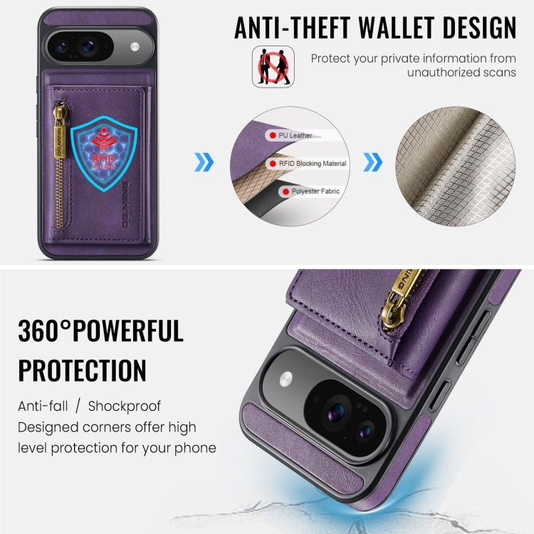 For Google Pixel 9 / 9 Pro DG.MING M5 Series Zip RFID Multi Card Detachable Leather Phone Case(Purple) - Google Cases by DG.MING | Online Shopping UK | buy2fix
