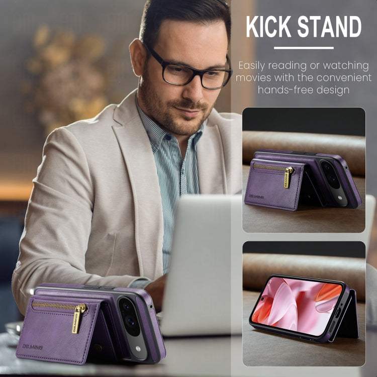 For Google Pixel 9 / 9 Pro DG.MING M5 Series Zip RFID Multi Card Detachable Leather Phone Case(Purple) - Google Cases by DG.MING | Online Shopping UK | buy2fix