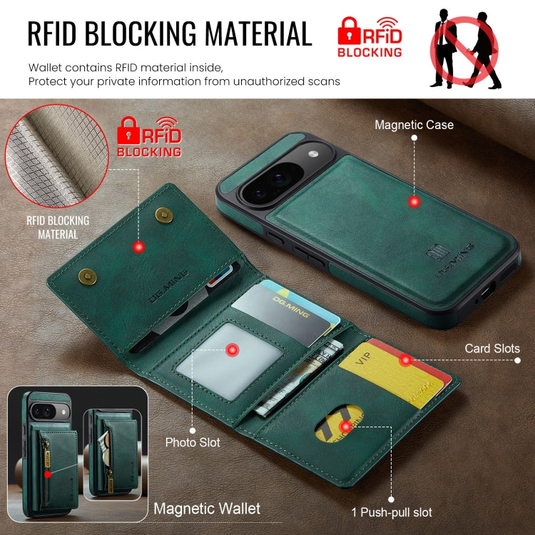 For Google Pixel 9 / 9 Pro DG.MING M5 Series Zip RFID Multi Card Detachable Leather Phone Case(Green) - Google Cases by DG.MING | Online Shopping UK | buy2fix