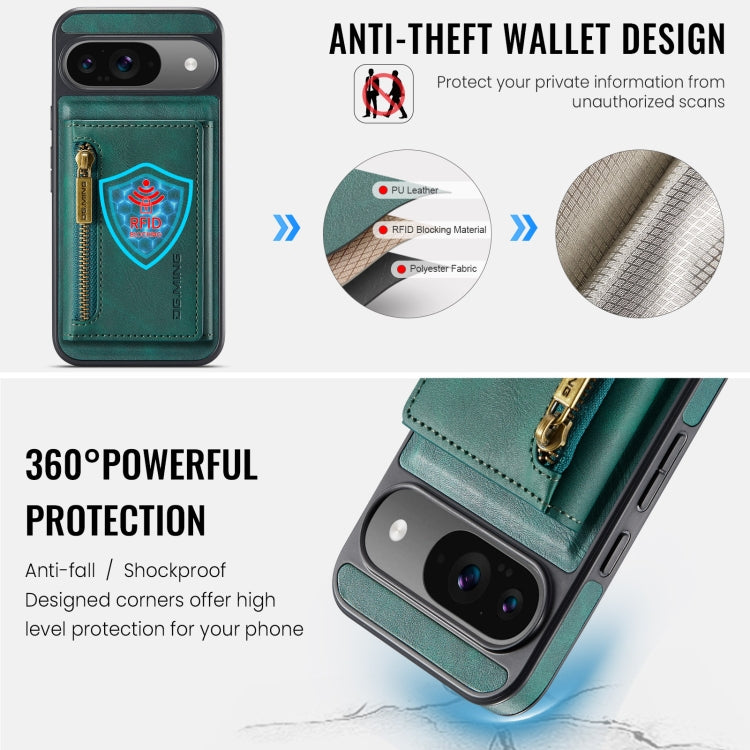 For Google Pixel 9 / 9 Pro DG.MING M5 Series Zip RFID Multi Card Detachable Leather Phone Case(Green) - Google Cases by DG.MING | Online Shopping UK | buy2fix