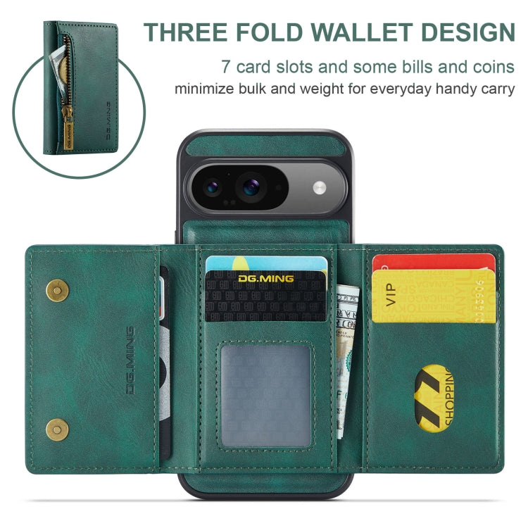 For Google Pixel 9 / 9 Pro DG.MING M5 Series Zip RFID Multi Card Detachable Leather Phone Case(Green) - Google Cases by DG.MING | Online Shopping UK | buy2fix