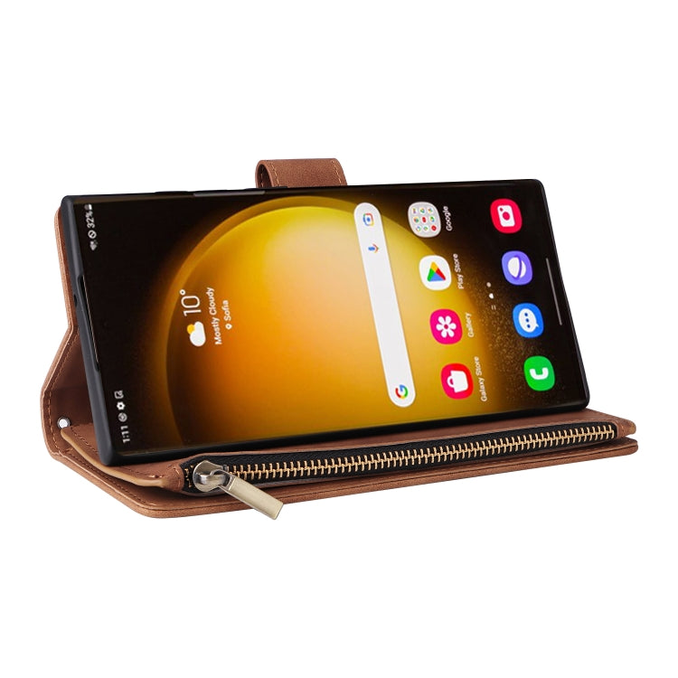 For Samsung Galaxy S24 Ultra 5G Multifunctional Frosted Zipper Wallet Leather Phone Case(Brown) - Galaxy S24 Ultra 5G Cases by buy2fix | Online Shopping UK | buy2fix
