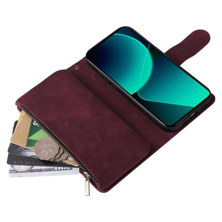 For Xiaomi 13T / 13T Pro Multifunctional Frosted Zipper Wallet Leather Phone Case(Wine Red) by buy2fix