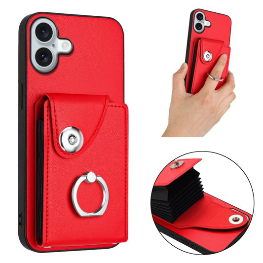 For iPhone 16 Plus Organ Card Bag Ring Holder Phone Case(Red) by buy2fix