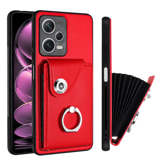 For Xiaomi Redmi Note 12 Pro+ 5G Global Organ Card Bag Ring Holder PU Phone Case(Red) by buy2fix