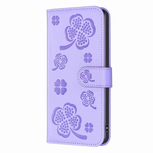 For Xiaomi Redmi Note 12 Pro 5G Global Four-leaf Embossed Leather Phone Case(Purple) by buy2fix