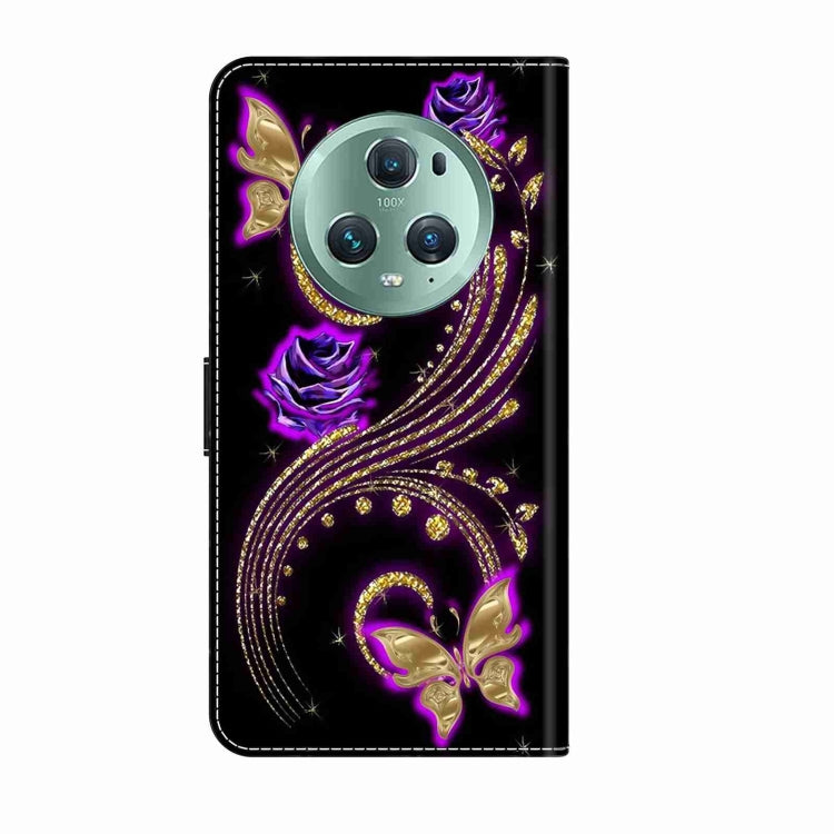 For Honor Magic5 Pro Crystal 3D Shockproof Protective Leather Phone Case(Purple Flower Butterfly) - Honor Cases by buy2fix | Online Shopping UK | buy2fix