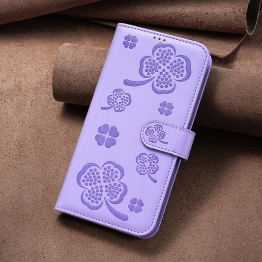 For iPhone 16 Plus Four-leaf Embossed Leather Phone Case(Purple) by buy2fix