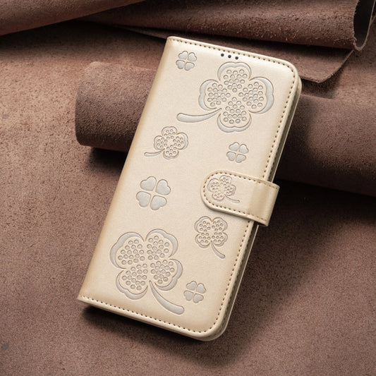 For iPhone 16 Four-leaf Embossed Leather Phone Case(Gold) by buy2fix