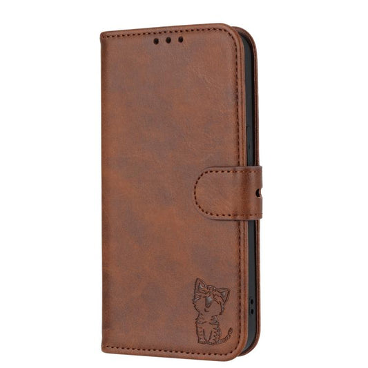 For Google Pixel 10 Pro XL Embossed Happy Cat Pattern Flip Leather Phone Case(Brown) - Google Cases by buy2fix | Online Shopping UK | buy2fix