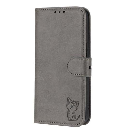 For Google Pixel 10 Pro XL Embossed Happy Cat Pattern Flip Leather Phone Case(Grey) - Google Cases by buy2fix | Online Shopping UK | buy2fix
