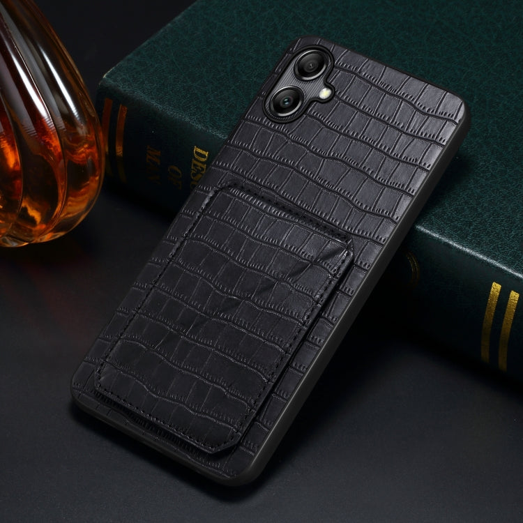 For Samsung Galaxy A22 5G Denior Imitation Crocodile Leather Back Phone Case with Holder(Black) by Denior