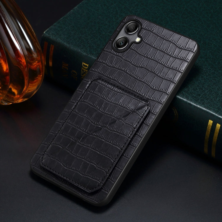 For Samsung Galaxy S21 FE 5G Denior Imitation Crocodile Leather Back Phone Case with Holder(Black) by Denior