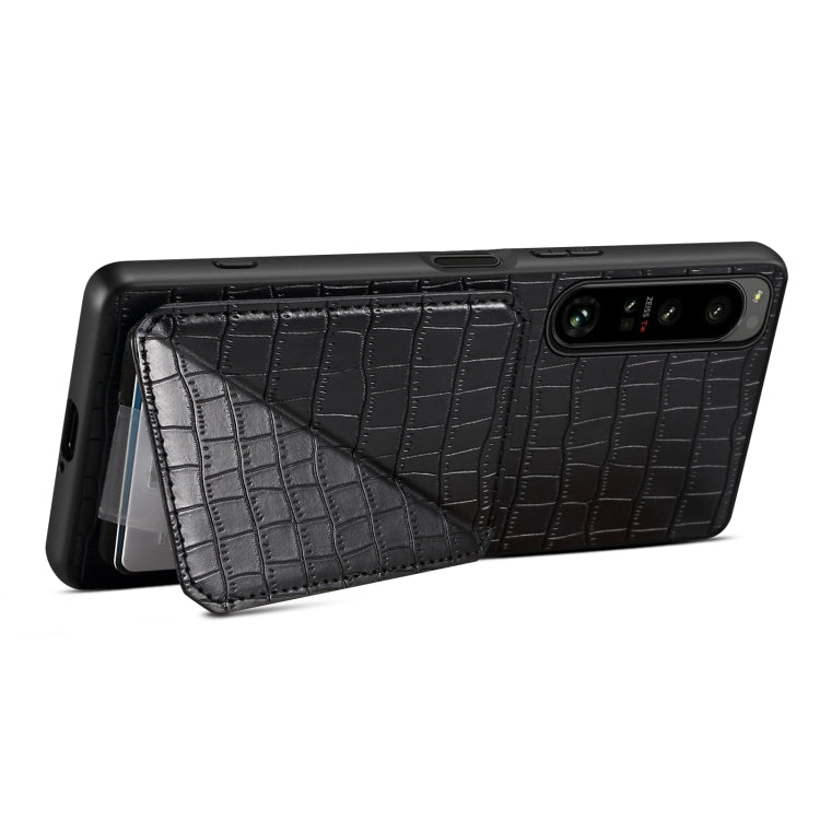 For Sony Xperia 1 V Denior Imitation Crocodile Leather Back Phone Case with Holder(Black) - Sony Cases by Denior | Online Shopping UK | buy2fix