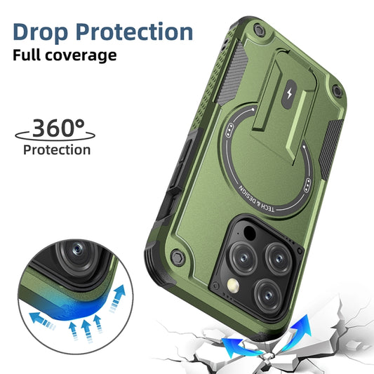 For iPhone 14 Pro Armor Magsafe Holder PC Hybrid TPU Phone Case(Army Green) by buy2fix