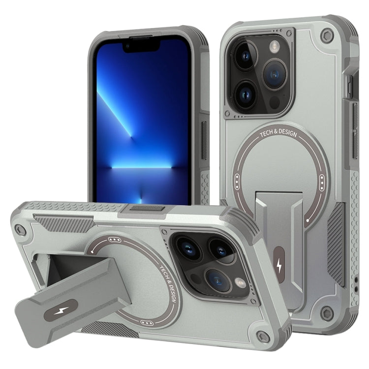 For iPhone 13 Pro Armor Magsafe Holder PC Hybrid TPU Phone Case(Grey) - iPhone 13 Pro Cases by buy2fix | Online Shopping UK | buy2fix