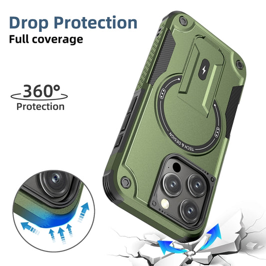For iPhone 16 Pro Armor Magsafe Holder PC Hybrid TPU Phone Case(Army Green) by buy2fix