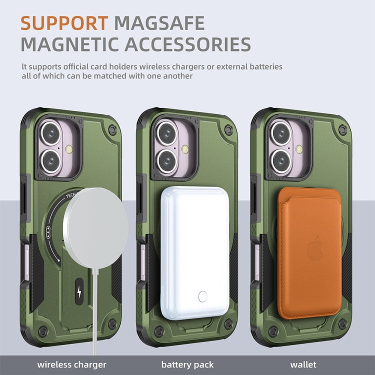For iPhone 16 Armor Magsafe Holder PC Hybrid TPU Phone Case(Army Green) by buy2fix