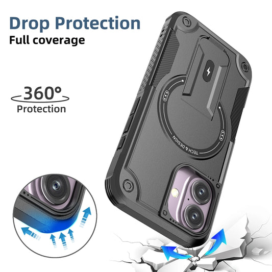 For iPhone 16 Armor Magsafe Holder PC Hybrid TPU Phone Case(Black) by buy2fix