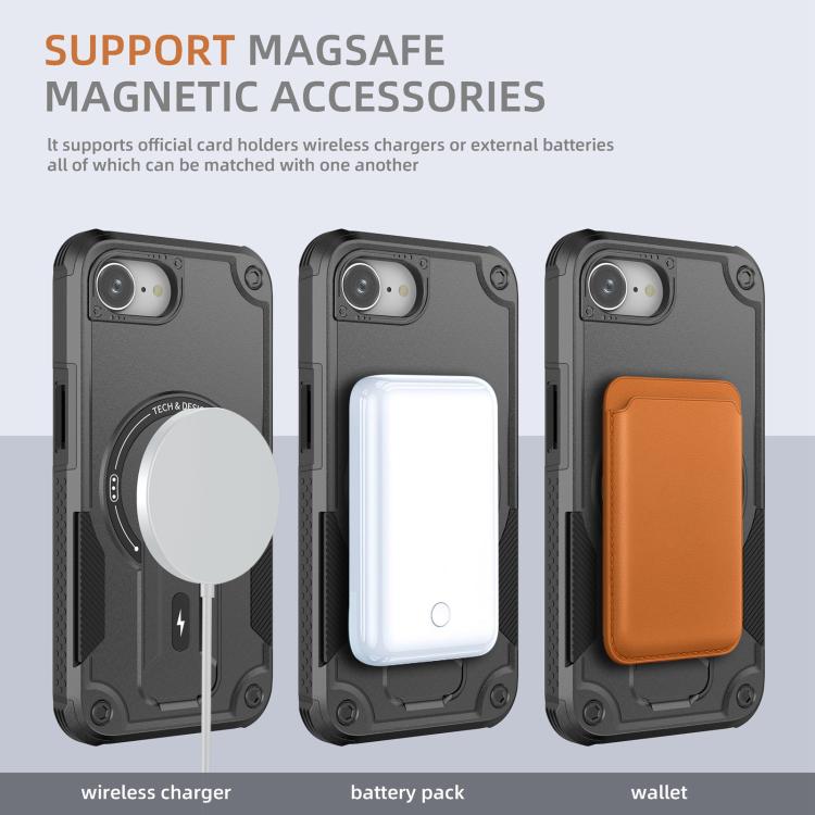 For iPhone 16e Armor Magsafe Holder PC Hybrid TPU Phone Case(Black) - iPhone 16e Cases by buy2fix | Online Shopping UK | buy2fix