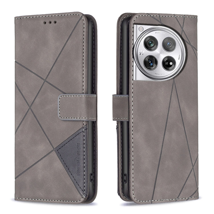 For OnePlus 12 5G BF05 Magnetic Buckle Rhombus Texture Leather Phone Case(Grey) - OnePlus Cases by buy2fix | Online Shopping UK | buy2fix