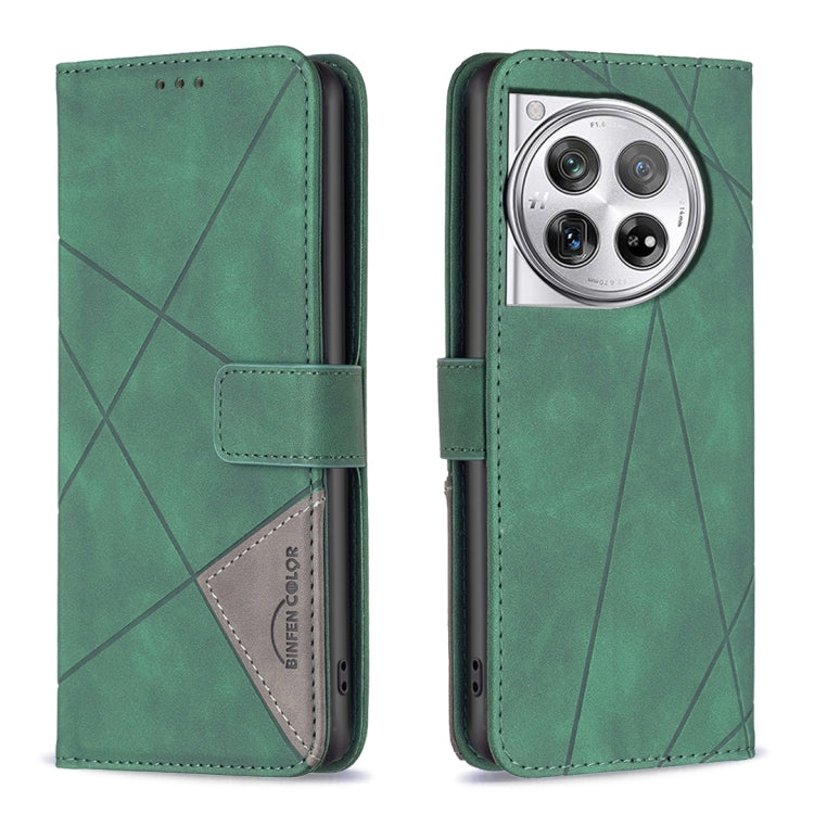 For OnePlus 12 5G BF05 Magnetic Buckle Rhombus Texture Leather Phone Case(Green) - OnePlus Cases by buy2fix | Online Shopping UK | buy2fix