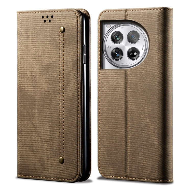 For OnePlus 12 Denim Texture Casual Style Horizontal Flip Leather Case(Khaki) - OnePlus Cases by buy2fix | Online Shopping UK | buy2fix
