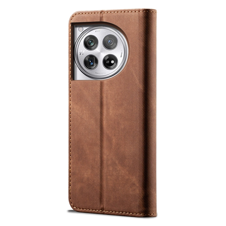 For OnePlus 12 Denim Texture Casual Style Horizontal Flip Leather Case(Brown) - OnePlus Cases by buy2fix | Online Shopping UK | buy2fix