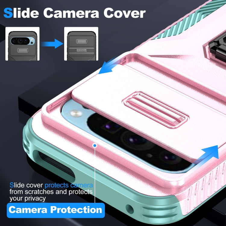 For Google Pixel 10 / 10 Pro / 9 / 9 Pro Sliding Camshield Holder Phone Case(Pink + Grey Green) by buy2fix
