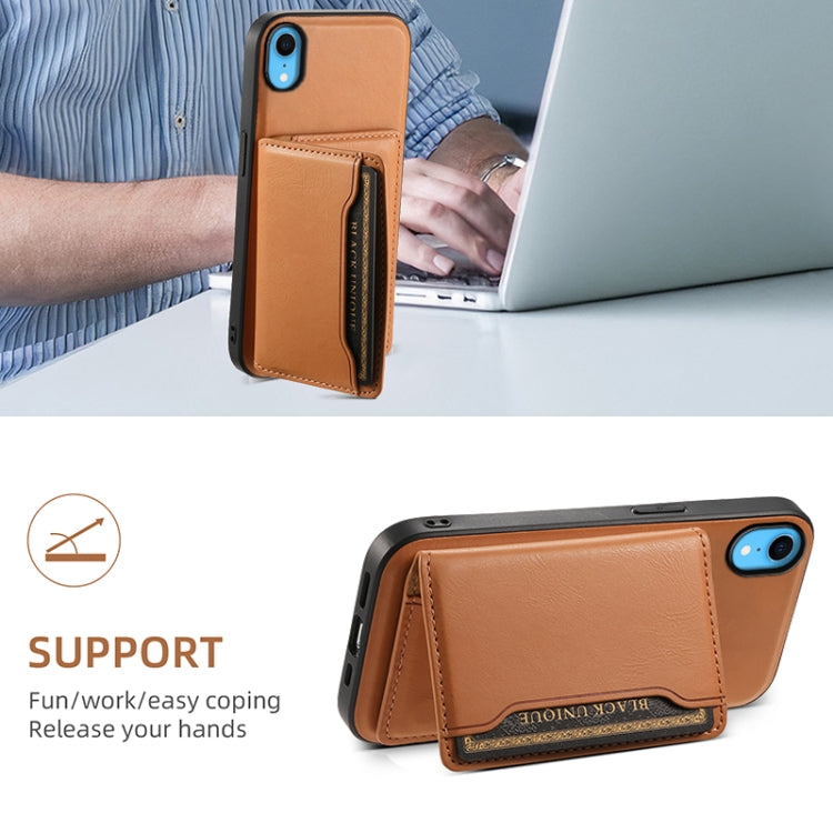 For iPhone XR Denior Cowhide Texture Leather MagSafe Detachable Wallet Phone Case(Khaki) by Denior