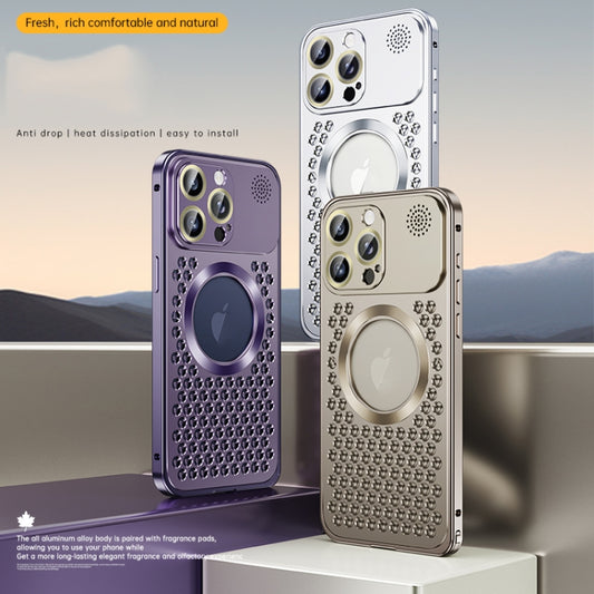 For iPhone 15 Spring Buckle MagSafe Magnetic Metal Aromatherapy Phone Case(Grey) by buy2fix