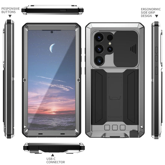 For Samsung Galaxy S24 Ultra 5G R-JUST Sliding Camera Life Waterproof Holder Phone Case(Silver) by R-JUST