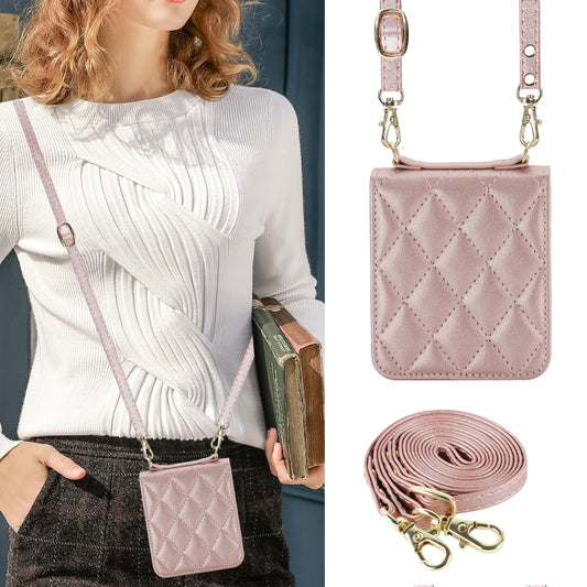 For Motorola Razr 40 Rhombic Texture Phone Case with Long & Short Lanyard(Rose Gold) by buy2fix